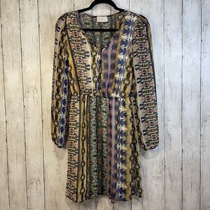 Everly Dress Medium Multi Print‎ Shift Knee Length Sheer Tribal Geometric Boho